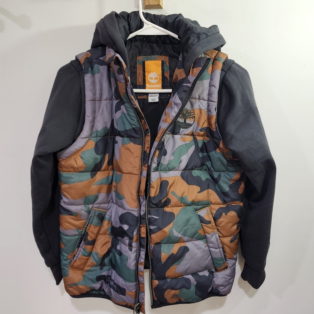 Timberland Youth Hybrid Camouflage Zip Up Hoodie Jacket Black Green Size 10/12
